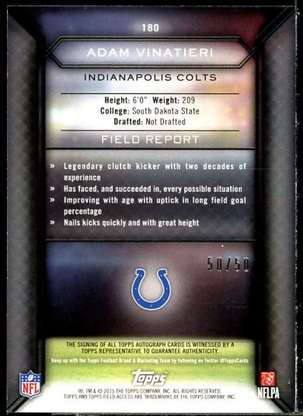 Adam Vinatieri Card 2015 Topps Field Access Autographs Green #180