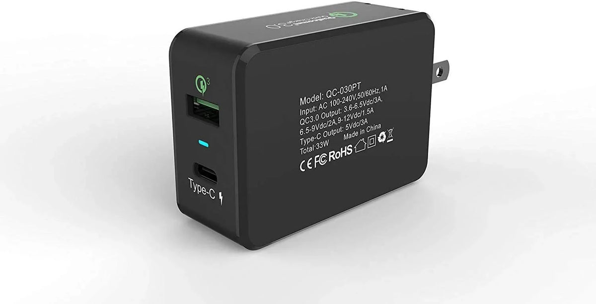 Professional 33W QC 3.0 Compatible with Sizeony Xperia XA/P/Z5/Z3/Z3v/Z2/E5 Quick Adaptive Fast Charge 3.0 with Folding Blade Plus Both MicroUSizeB/Type-C Cables [Black/UL Certified]