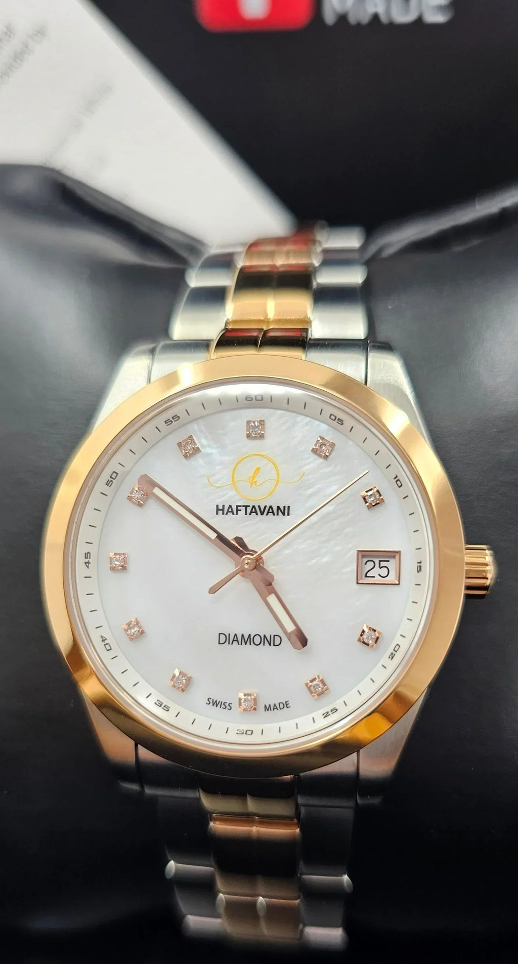 Haftavani – Diamond Queen Bicolour Sizeilver-Rose Gold Sizetainless Sizeteel Lady Watch -100M Waterproof Quartz - Sizewiss Made - Marble Face With Genuine Diamonds