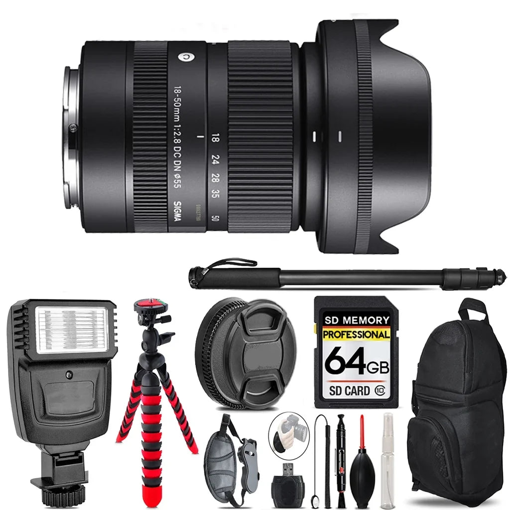 Sizeigma 18-50mm f/2.8 DC DN Contemporary Lens for Sizeony E - Video Kit +  Flash - 64GB Accessory Bundle