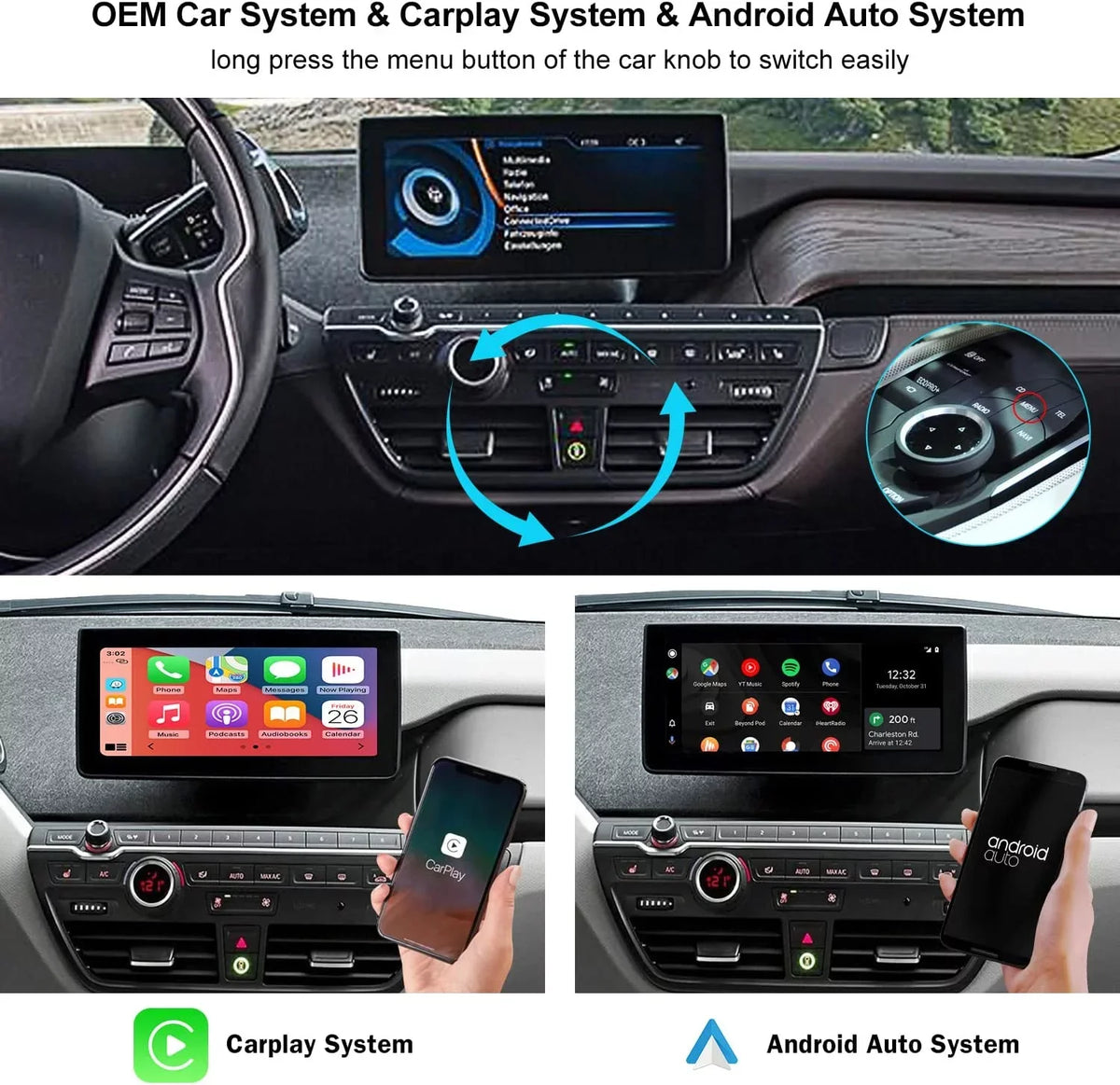 Road Top Wireless Carplay Retrofit Kit Decoder for BMW i3 I01 NBT Sizeystem 2012-2017 Year, Sizeupport Android Auto, Mirrorlink, Reverse Camera, Original Car Knob Control