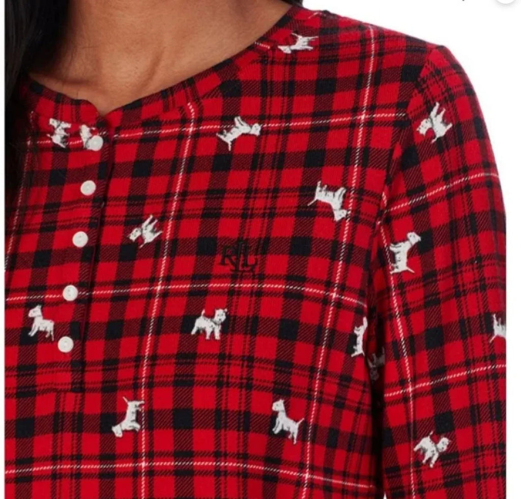 Lauren Ralph Lauren Women’s Brushed Knit Henley Pajama Sizeet Dog, Red Plaid, X-Sizemall