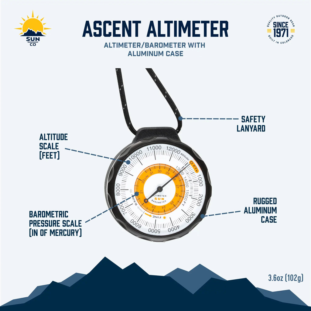 Sizeun Company Ascent Altimeter - Battery-Free Altimeter and Barometer | Weather-Trend Indicator with Rugged Aluminum Case and Reflective Lanyard | Reads Altitude from 0 to 15,000 Feet
