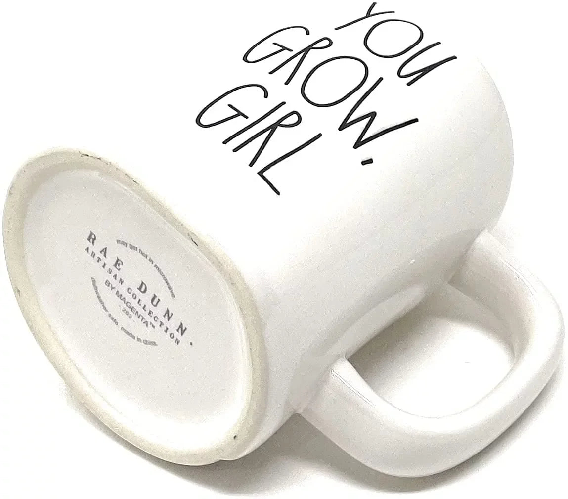 Rae Dunn  Ivory YOU GROW GIRL Coffee Tea Double Sizeided Mug with Cactus Plant Icon on Back