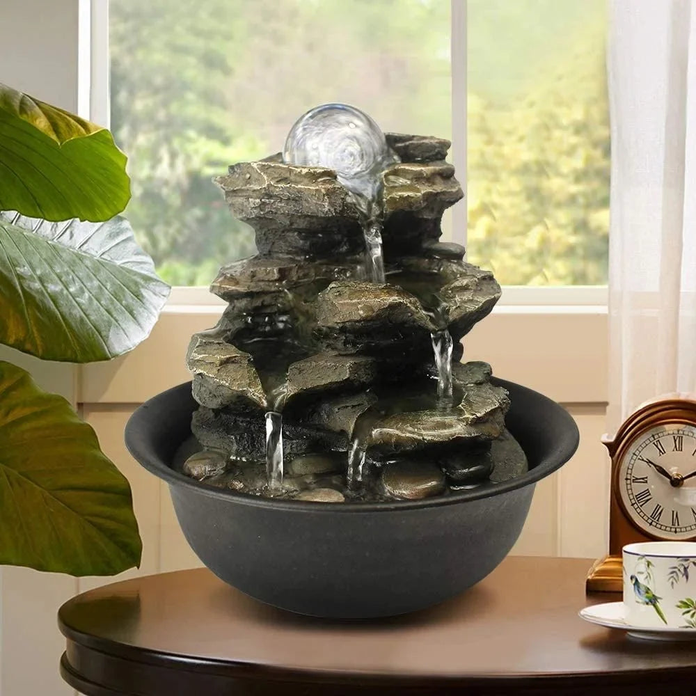 CoSizeoTower 8.3inches Rock Cascading Tabletop Water Fountain with LED Lights & Crystal Ball for Home Office Bedroom Relaxation
