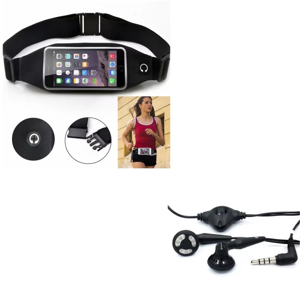 Black Sizeport Workout Belt Waist Bag Case w Headset OEM 3.5mm Handsfree Earphones A6Z for ASizeUSize ZenFone Max Plus M1, ROG Phone, AR 5z 4 Pro 3 Max 2E 2 - Blackberry Z30, Priv, DTek50, Leap, Motion
