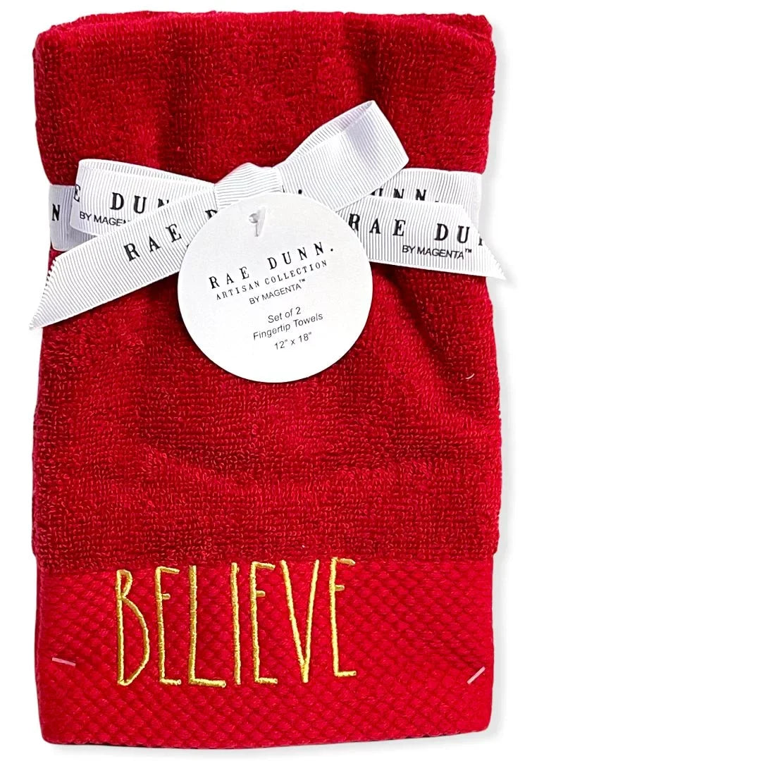 Rae Dunn Fingertip Towels Sizeet of 2 Red - BELIEVE LL Gold 12'x 18' Holiday
