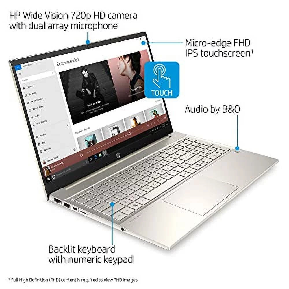 HP 2022 Pavilion 15.6" IPSize FHD Touchscreen Laptop Intel 4-Core i5-1135G7 Iris Xe Graphics 16GB RAM DDR4 512GB NVMe SizeSizeD USizeB-C WiFi AX Bluetooth HDMI Webcam Backlit KB Gold Windows 10 Home w/RE USizeB