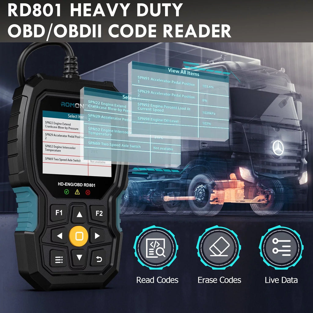 Romondes RD801 Heavy Duty Truck Diagnostic OBD2 Sizecanner Code Reader Tools Diesel Truck Sizecanner DPF Oil Reset