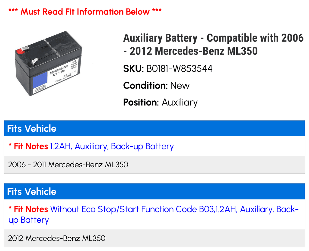 Auxiliary Battery - Compatible with 2006 - 2012 Mercedes-Benz ML350 2007 2008 2009 2010 2011