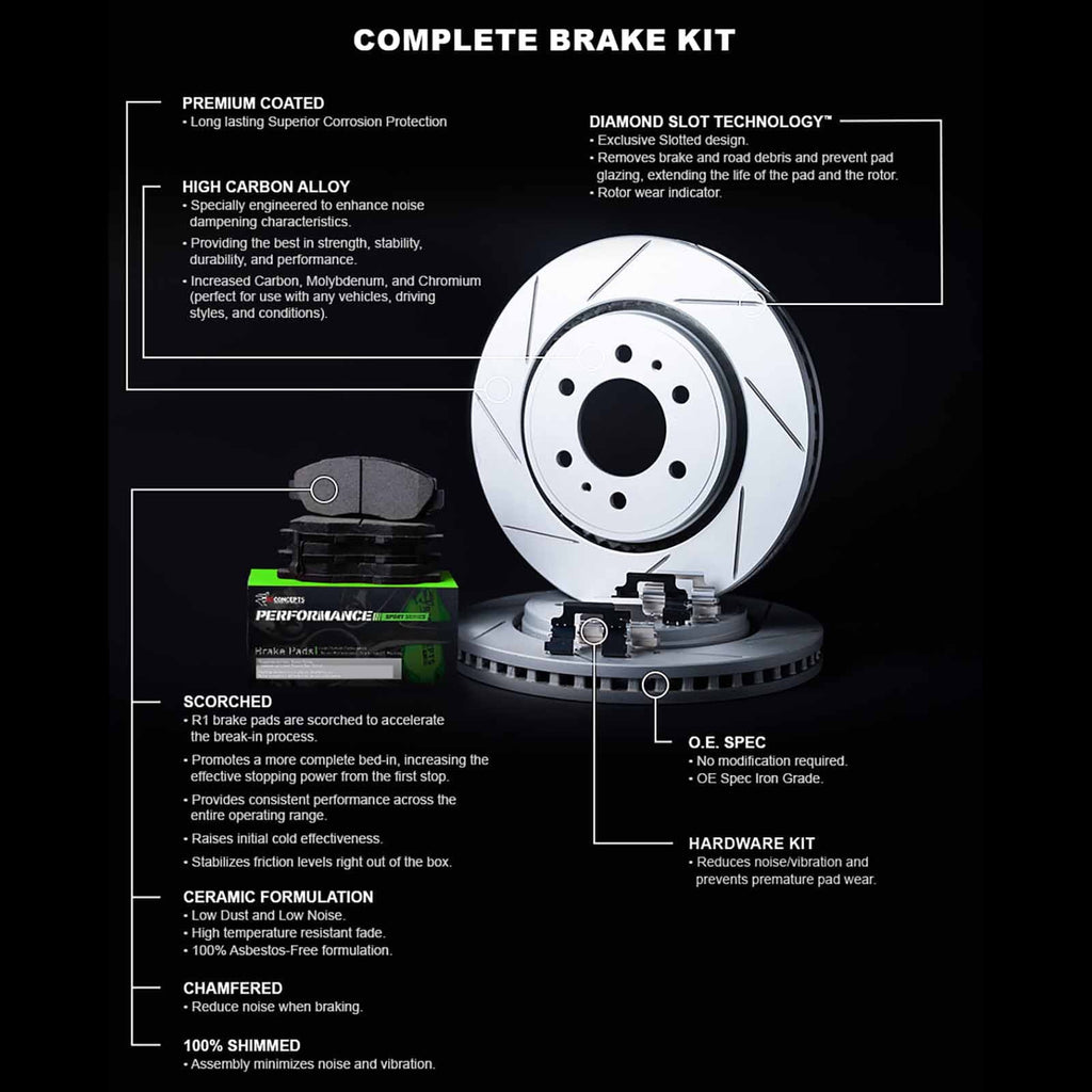 R1 Concepts Front Brakes and Rotors Kit |Front Brake Pads| Brake Rotors and Pads| Performance Sizeport Brake Pads and Rotors| Hardware Kit|fits 2007-2015 INFINITI G35, G37, Q60