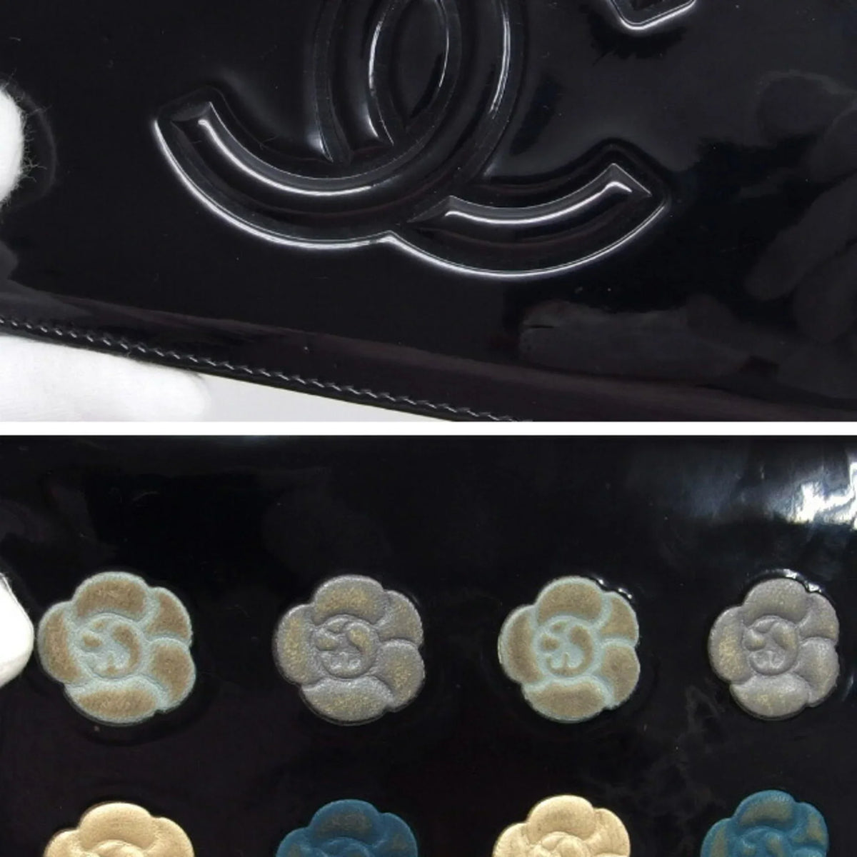 Pre-Owned Chanel camellia makeup palette bi-fold long wallet blue (Fair)