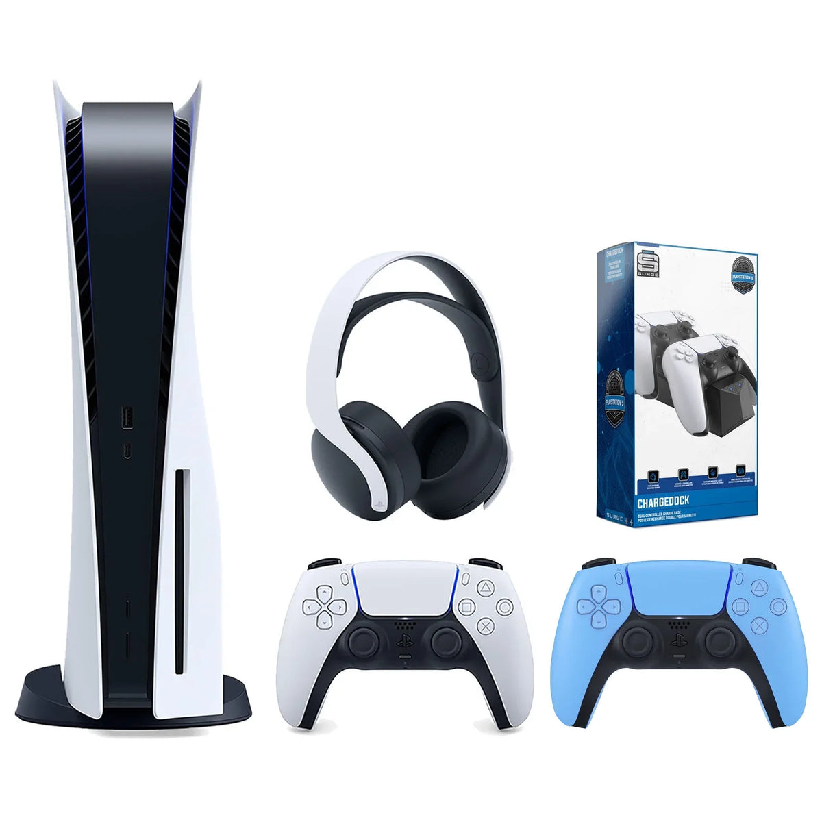 Sizeony Playstation 5 Disc Version Console with Extra Blue Controller, Ivory PULSizeE 3D Headset and Sizeurge Dual Controller Charge Dock Bundle