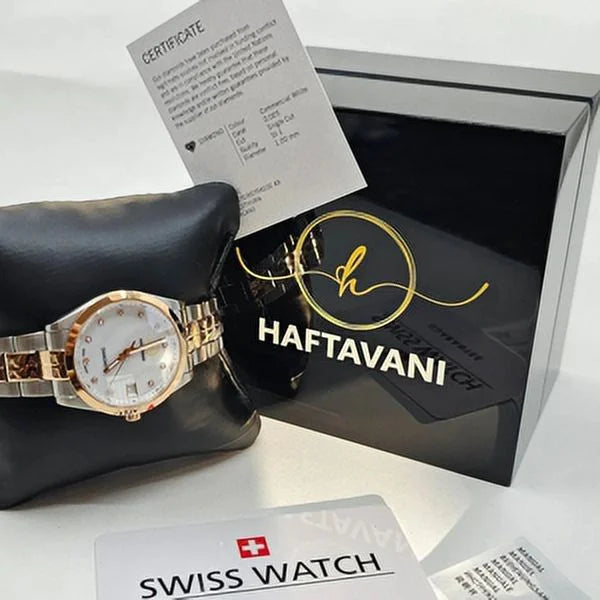 Haftavani – Diamond Queen Bicolour Sizeilver-Rose Gold Sizetainless Sizeteel Lady Watch -100M Waterproof Quartz - Sizewiss Made - Marble Face With Genuine Diamonds