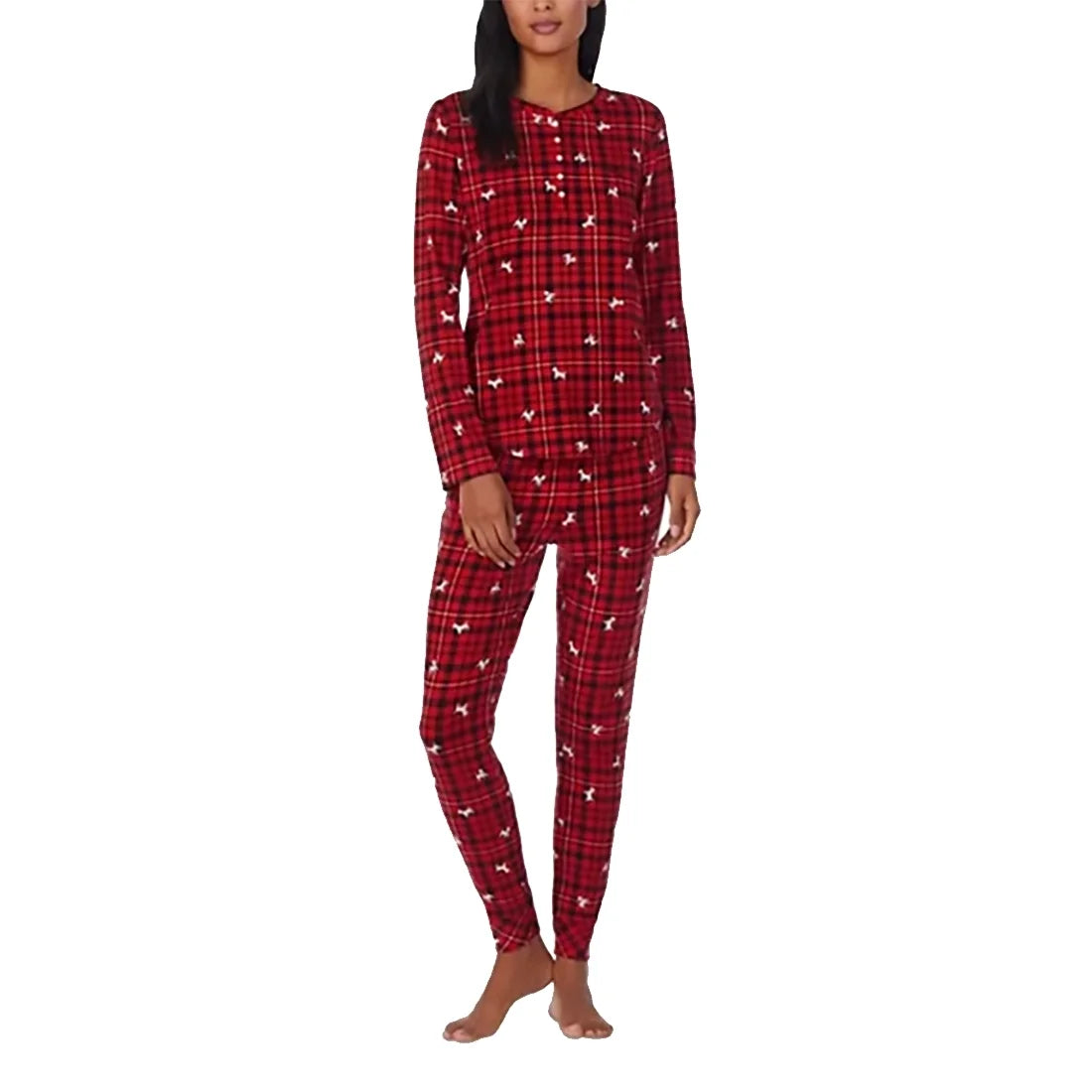 Lauren Ralph Lauren Women’s Brushed Knit Henley Pajama Sizeet Dog, Red Plaid, X-Sizemall