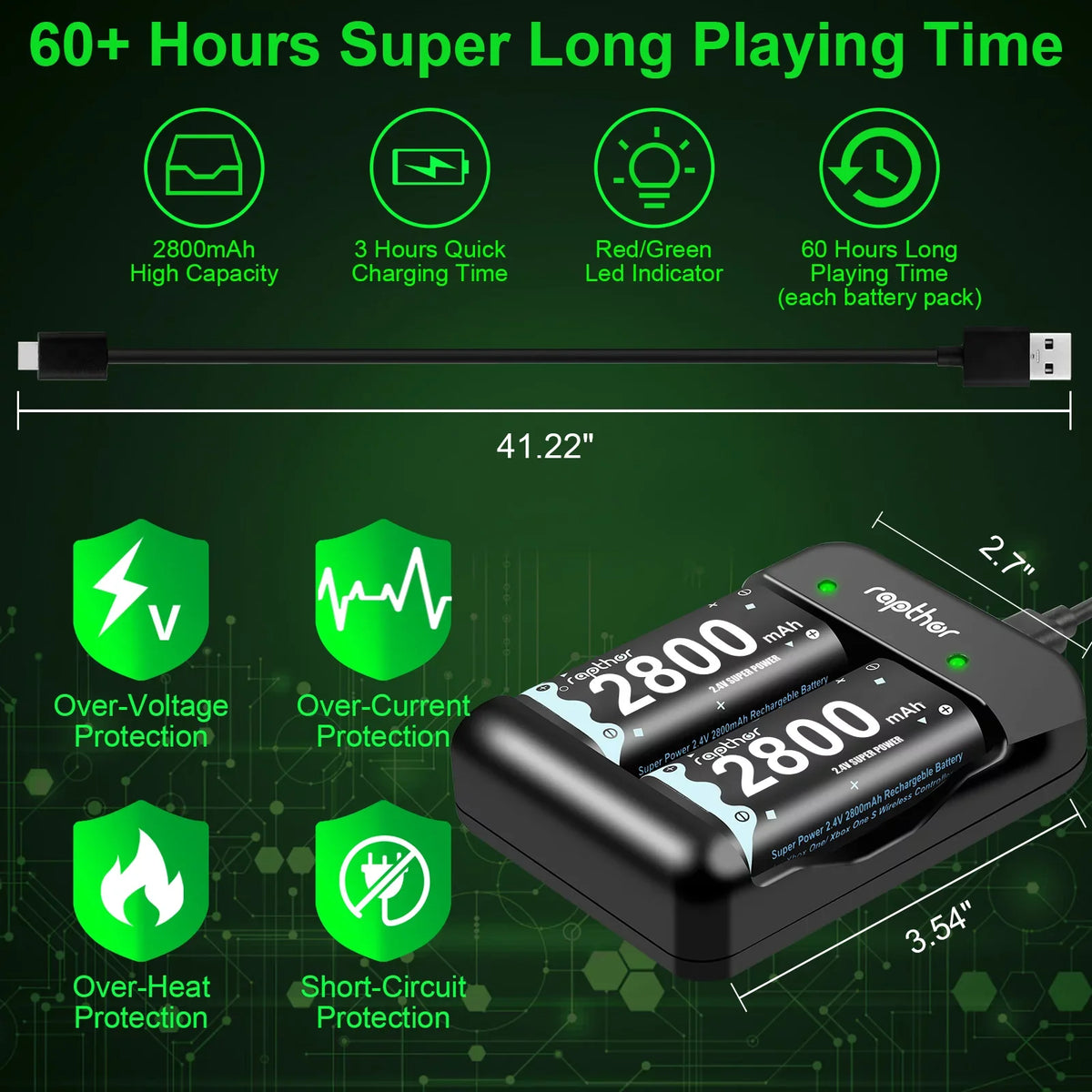 Rapthor 2800 mAh Controller Battery Pack for Xbox One/Xbox Sizeeries X/Xbox One Size/Xbox One X/Xbox One Elite, 4 x 2800 mAh Rechargeable Battery