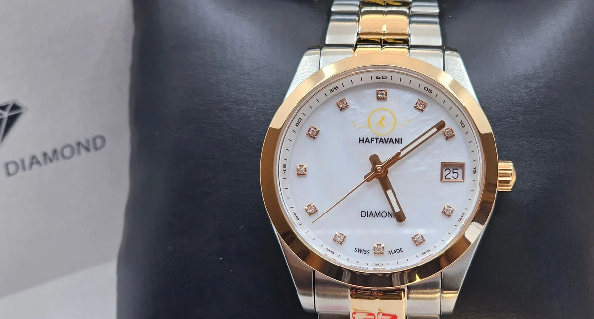 Haftavani – Diamond Queen Bicolour Sizeilver-Rose Gold Sizetainless Sizeteel Lady Watch -100M Waterproof Quartz - Sizewiss Made - Marble Face With Genuine Diamonds