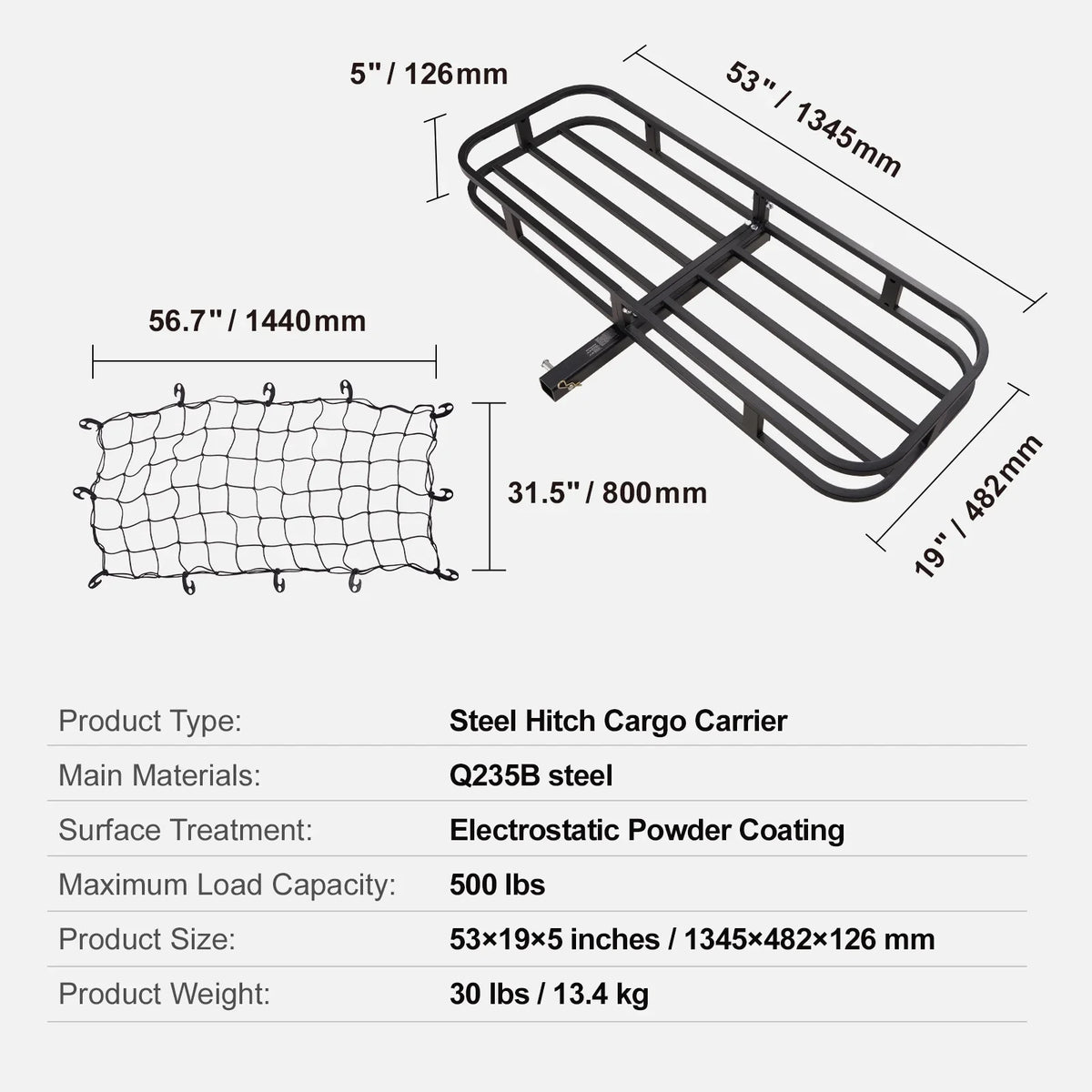 SizeKYSizeHALO Hitch Mount Cargo Carrier 500lb 53x19x5 in & Cargo Net Fits 2" Receiver