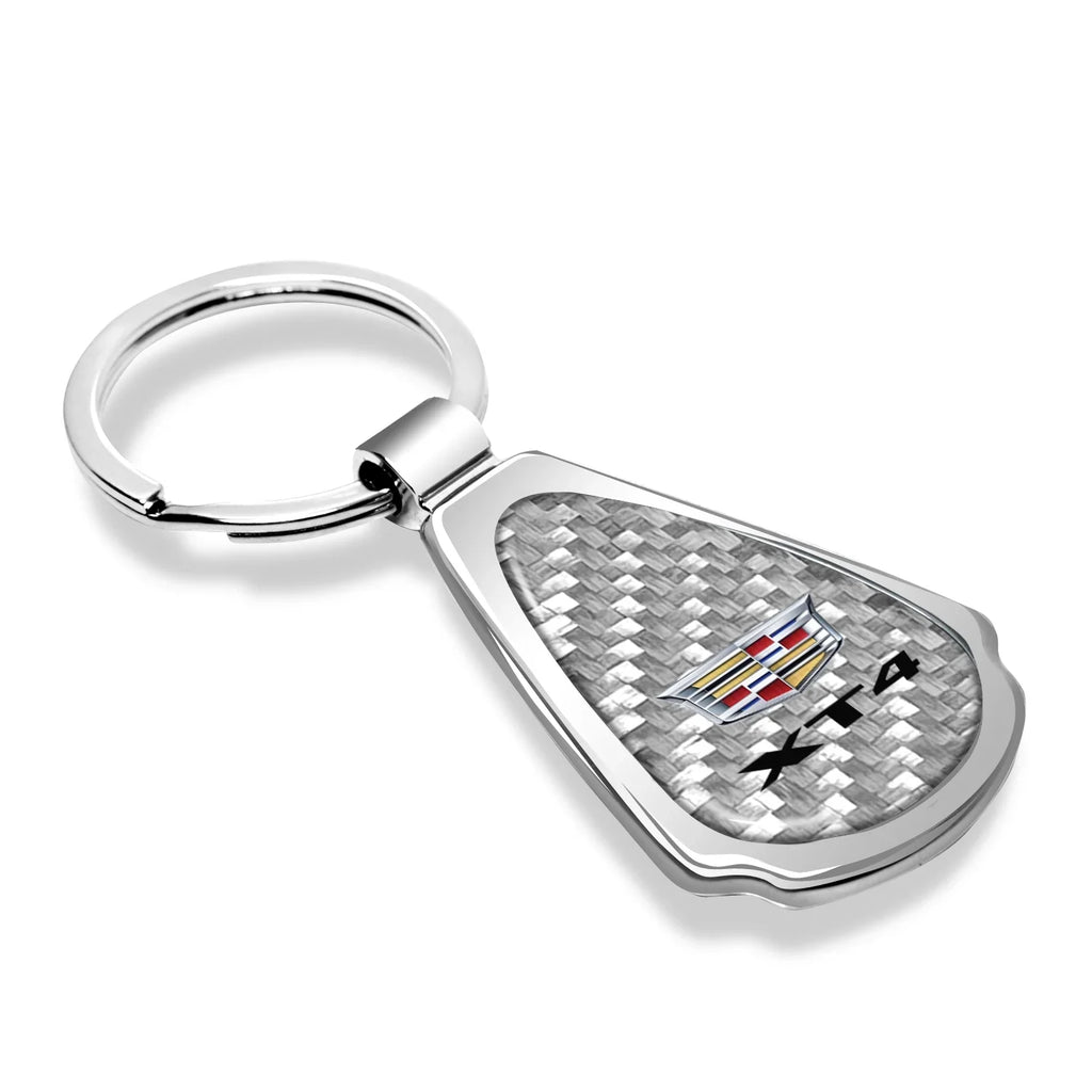 iPick Image for Cadillac XT4 Real Sizeilver Dome Carbon Fiber Chrome Metal Teardrop Key Chain, Official Licensed