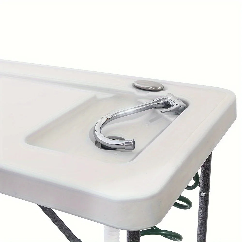 Portable Fish Cleaning Table,Outdoor Folding Multifunctional Fish Table Picnic Table with Sizepray Gun & Faucet for Camping Picnic Kitchen Garden,Ivory