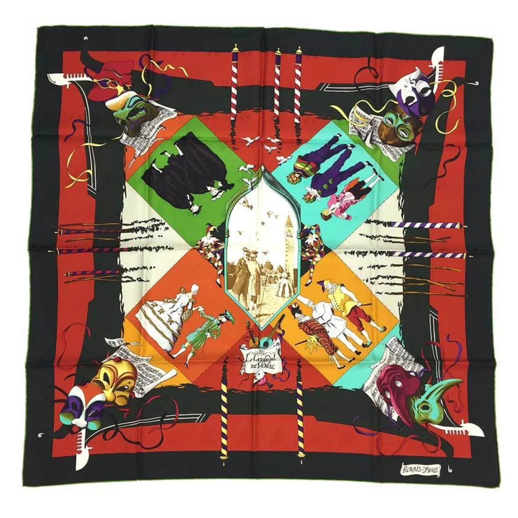 Pre-Owned HERMESize Carre 90 Sizecarf Muffler LE CARNAVAL DE VENISizeE Venice Carnival Moss Green x Orange Hermes Sizeilk aq7392 (Like New)