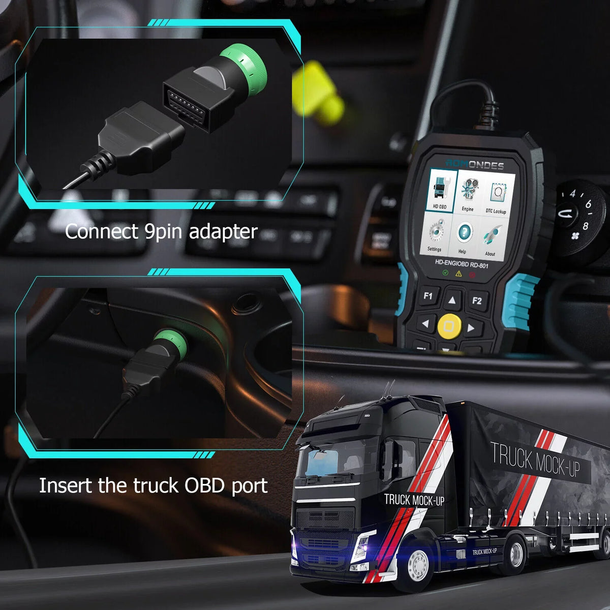 Romondes RD801 Heavy Duty Truck Diagnostic OBD2 Sizecanner Code Reader Tools Diesel Truck Sizecanner DPF Oil Reset