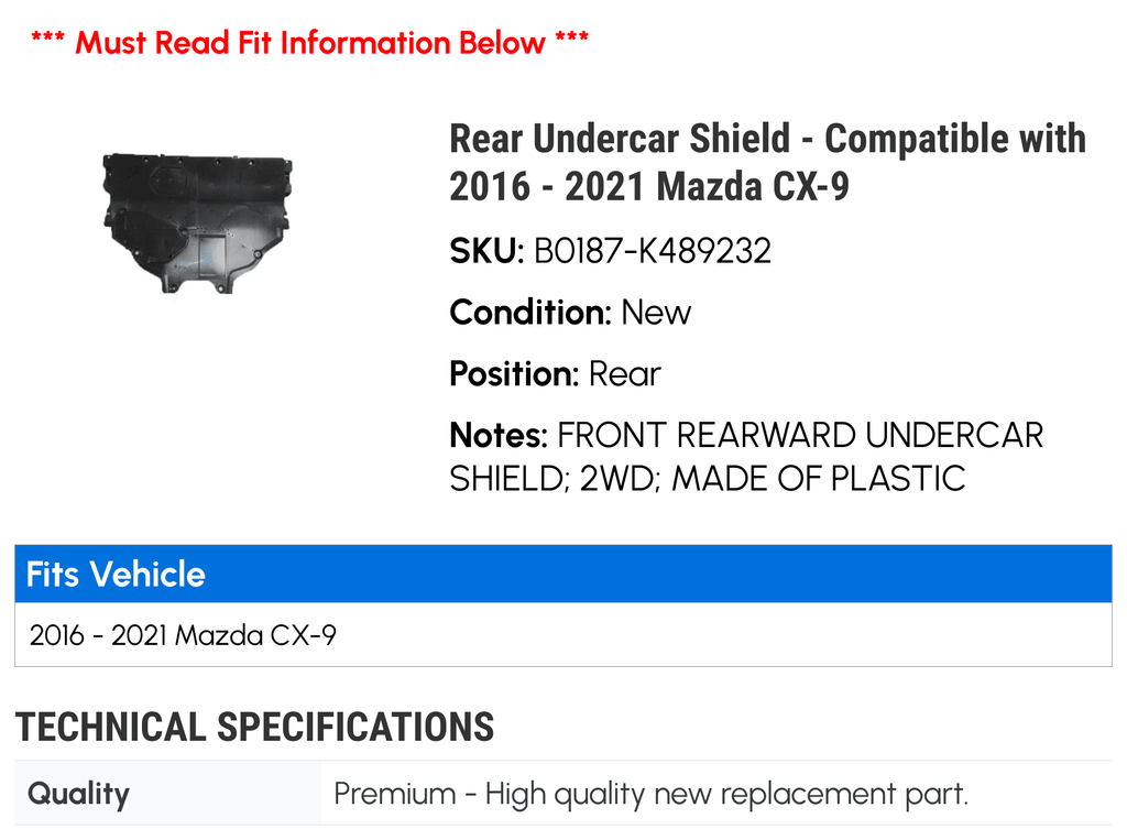 Rear Undercar Sizehield - Compatible with 2016 - 2021 Mazda CX-9 2017 2018 2019 2020