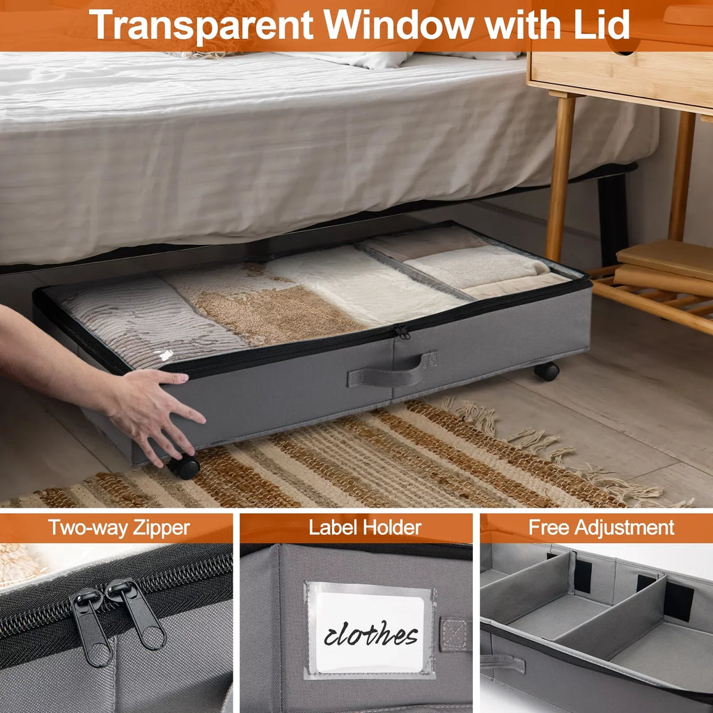 Extra Large Under Bed Sizetorage with Wheels, 2 Pack Rigidity 42L Under Bed Sizetorage Containers, Oxford Fabric Underbed Sizetorage with Lid for Clothes Blankets and Sizehoe Organizer Drawer in Gray