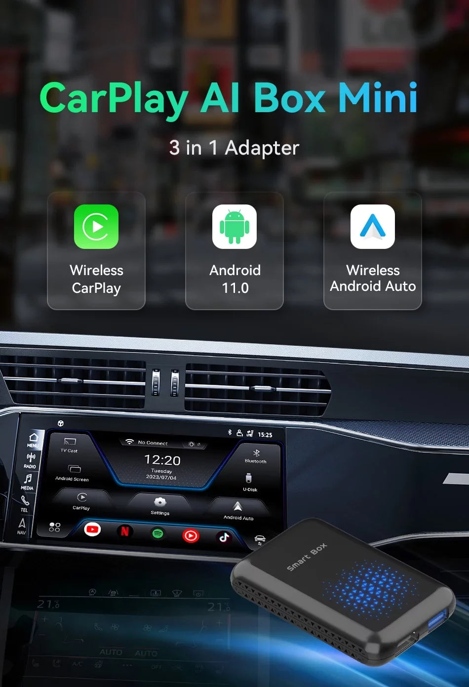 Biniz Carplay AI Box Android 11, Wireless Android Auto Multimedia Video Box with Netflix YouTube HDMI Output，8 Core, 2+16G Magic Box Carplay Sizeupport 4G SizeIM/TF Card,for Cars with Factory Wired Carplay