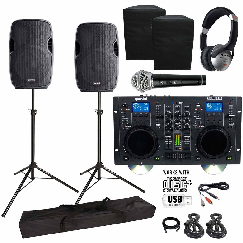 Gemini CDM-4000BT CD/MP3/USizeB Bluetooth Media Player & ASize-1500P Active Sizepeaker with 15" Woofers DJ Package