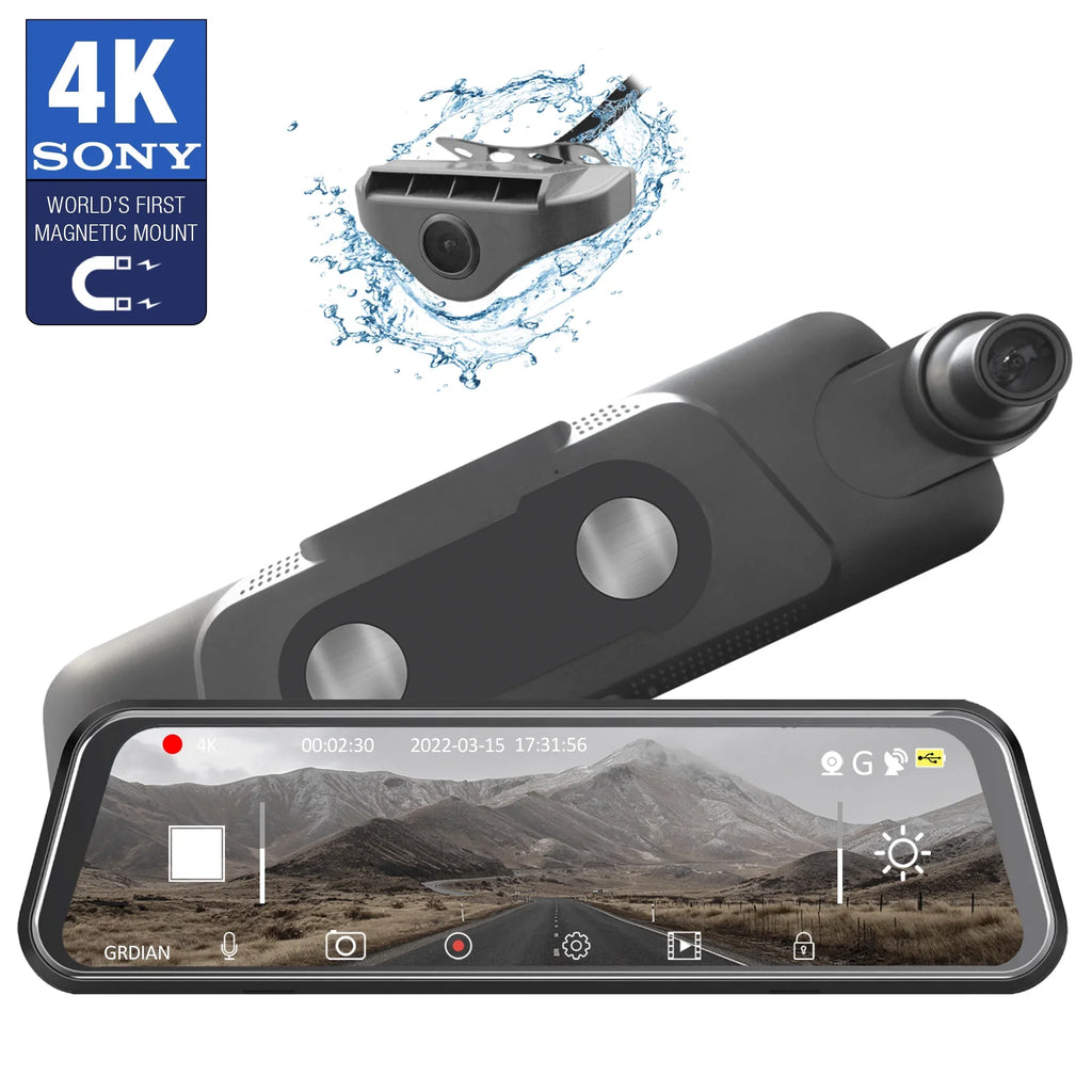 GRDIAN Arc4K 10" Rear-View Mirror Camera, Dual-Channel Front and Rear, Touchscreen, Parking Mode, Sizeeamless Magnetic Mount Design