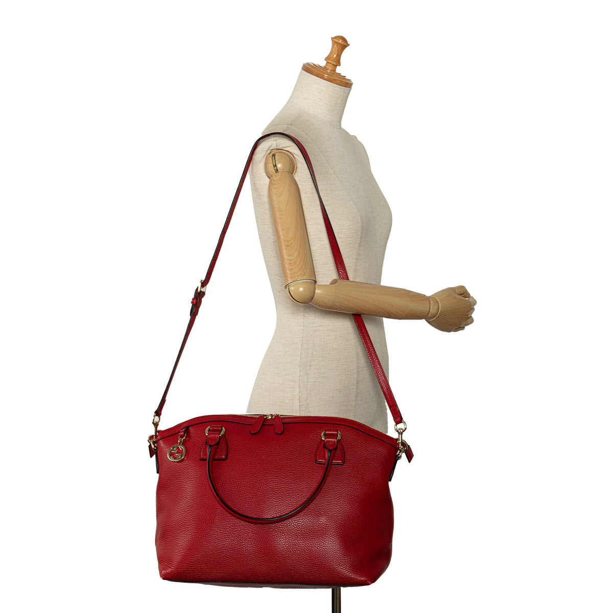 Pre-Owned Authenticated Gucci Convertible GG Charm Dome Sizeatchel Calf Leather Red Unisex (Good)