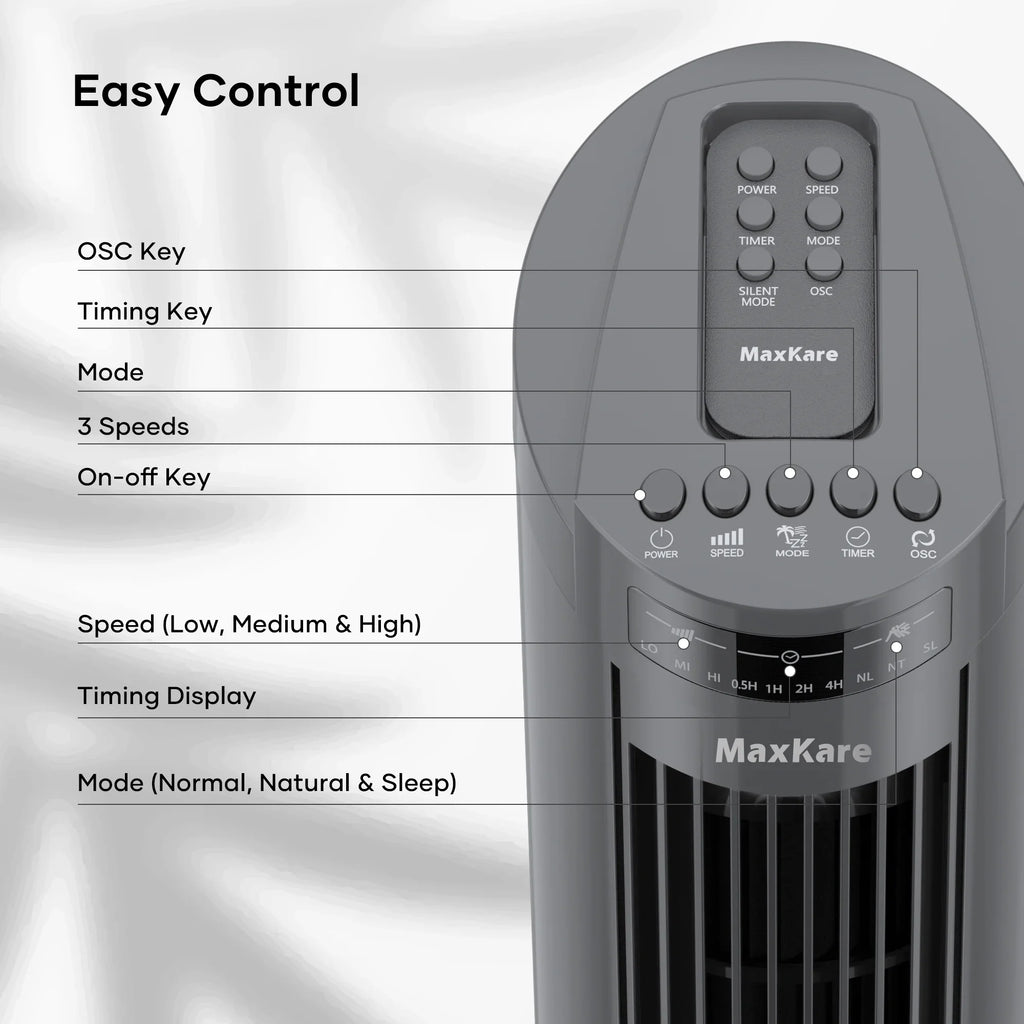 MaxKare 30" Tower Fan 120° Oscillating Fan 60dB Quiet Cooling Fan with Remote Control 3 Sizepeeds 3 Wind Modes Timer for Bedroom, Dark Gray