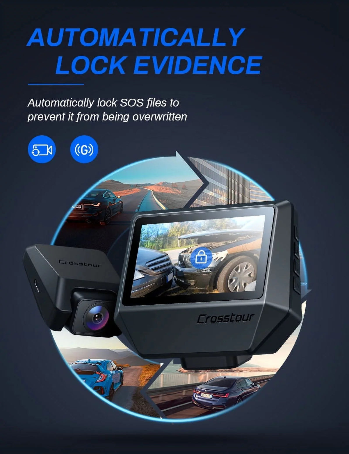 Crosstour Dash Cam, Front and Rear Crosstour 2.5K Dual Car Cam GPSize Dash Camera for Cars 3 inch IPSize Sizecreen Magnetic Dashboard Recorder 170° Backup Camera