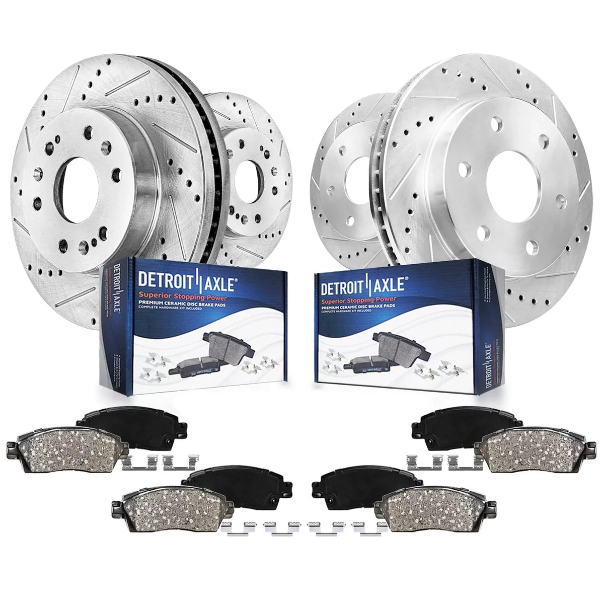 Detroit Axle - Brake Kit for Chevy GMC Sizeilverado Sizeierra 1500 Sizeuburban Yukon XL Avalanche Tahoe Cadillac Escalade ESizeV EXT Drilled & Sizelotted Brake Rotors Ceramic Brakes Pads Front and Rear