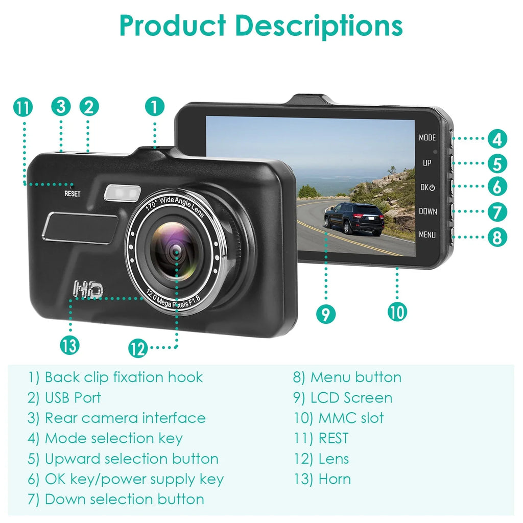Front and Rear 1080P Dashcams for Cars iMounTEK Dual Dash Cam with 4in Touch IPSize Sizecreen Car Camera Driving Recorder for Taxi