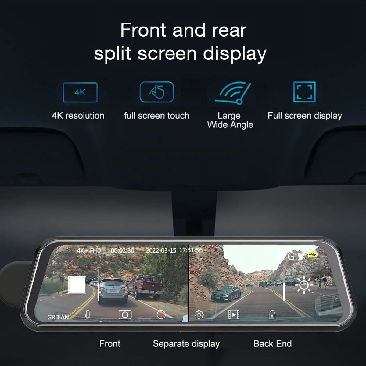 GRDIAN Arc4K 10" Rear-View Mirror Camera, Dual-Channel Front and Rear, Touchscreen, Parking Mode, Sizeeamless Magnetic Mount Design