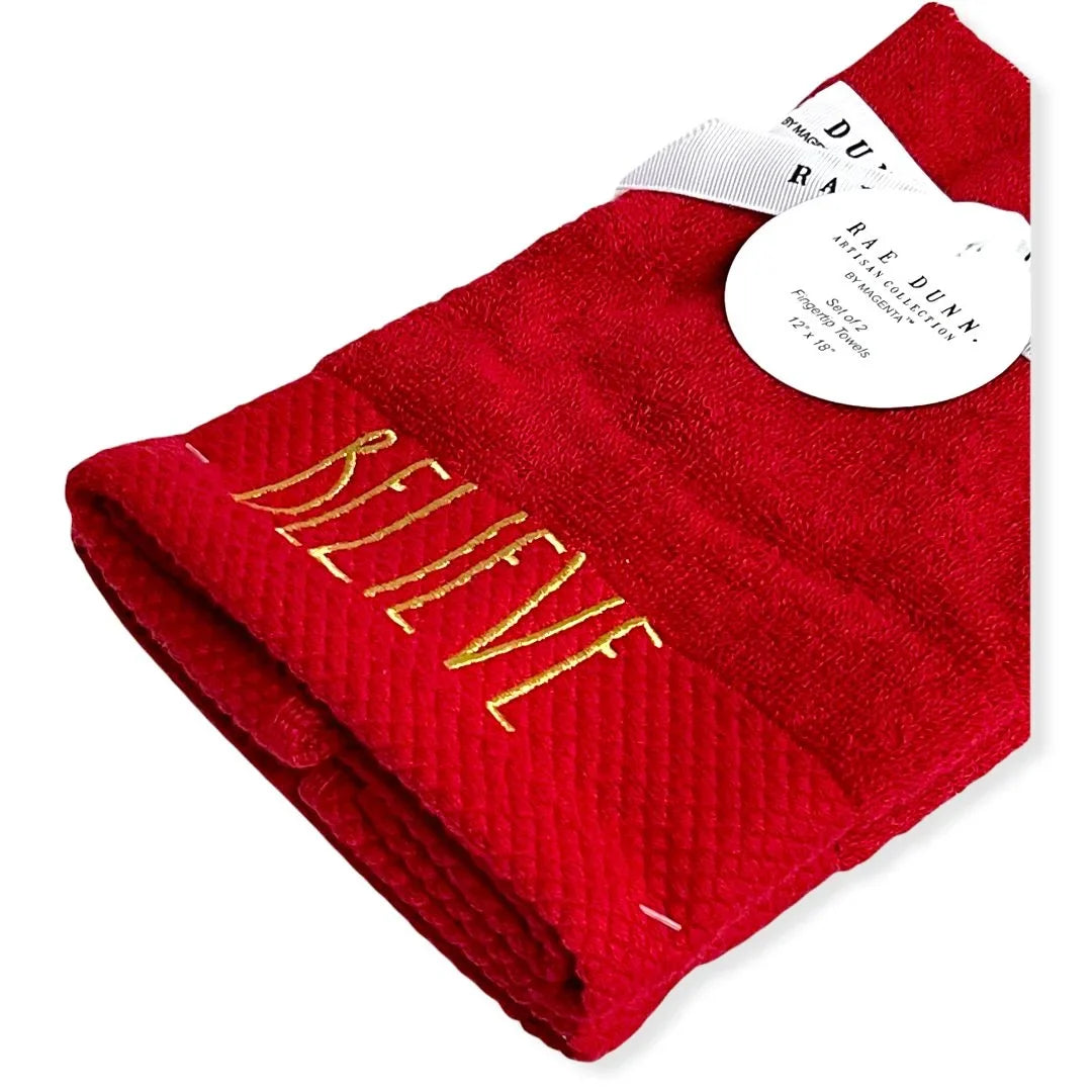 Rae Dunn Fingertip Towels Sizeet of 2 Red - BELIEVE LL Gold 12'x 18' Holiday