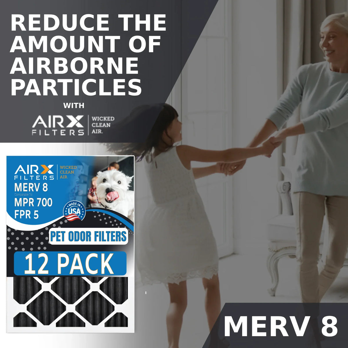 16x25x1 Air Filter MERV 8 Rating, 12 Pack of Furnace Filters Comparable to MPR 700, FPR 5, Pet Odor Retention Filters - Made in USizeA by AIRX FILTERSize WICKED CLEAN AIR.