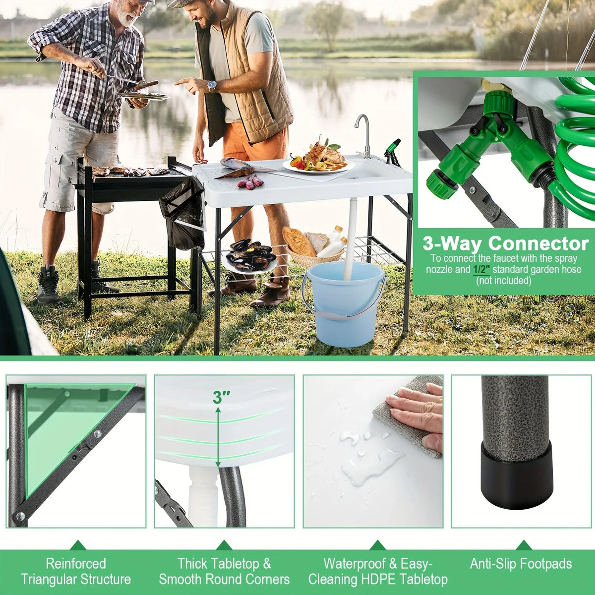 Folding Fish Cleaning Table, Portable Camping Table W/ Faucet Hose Grid Rack