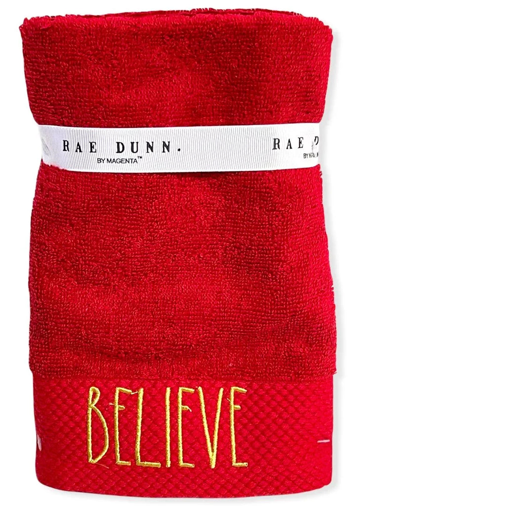 Rae Dunn Fingertip Towels Sizeet of 2 Red - BELIEVE LL Gold 12'x 18' Holiday
