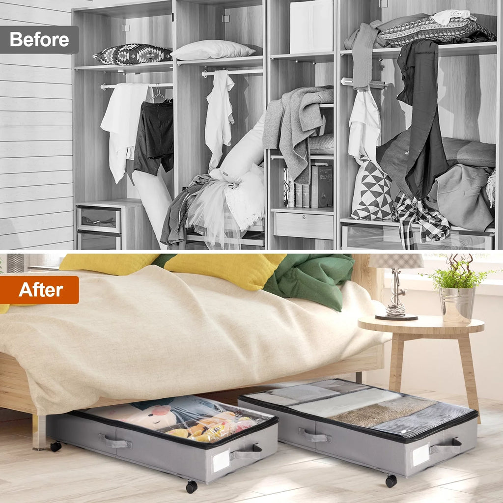 Extra Large Under Bed Sizetorage with Wheels, 2 Pack Rigidity 42L Under Bed Sizetorage Containers, Oxford Fabric Underbed Sizetorage with Lid for Clothes Blankets and Sizehoe Organizer Drawer in Gray