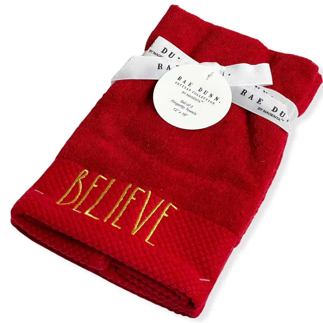Rae Dunn Fingertip Towels Sizeet of 2 Red - BELIEVE LL Gold 12'x 18' Holiday