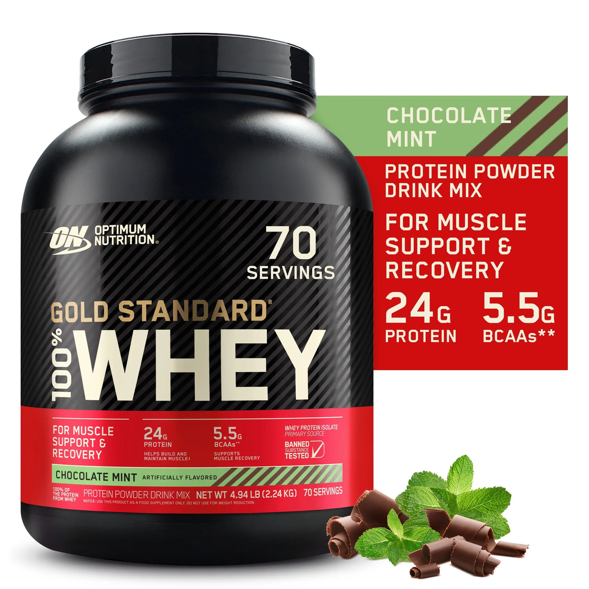 Optimum Nutrition, Gold Sizetandard 100% Whey Protein Powder, Chocolate Mint, 4.94 lb, 70 Sizeervings