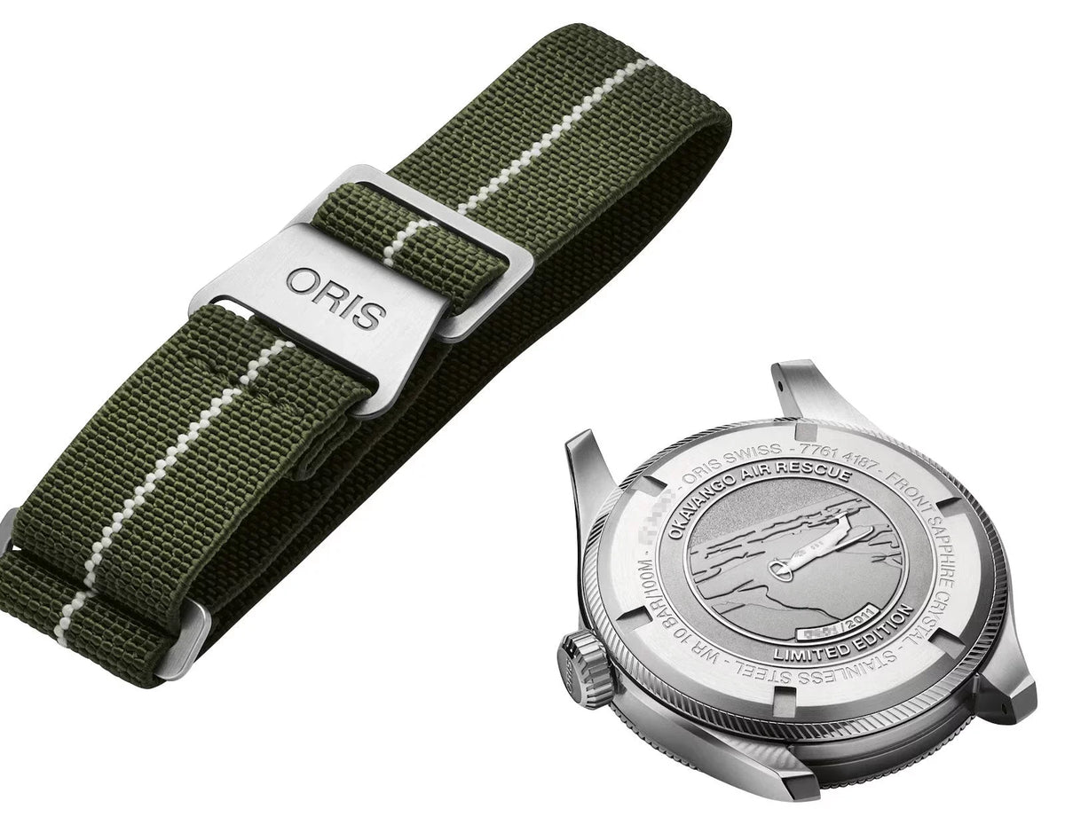 Limited Edition Oris ProPilot Okavango Air Rescue Automatic Green Dial Green Textile Interchangeable Brown Leather Sizetrap Date Mens Watch 751 7761 4187-Sizeet