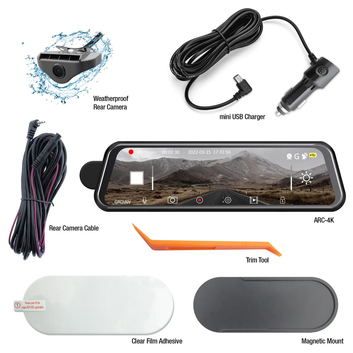 GRDIAN Arc4K 10" Rear-View Mirror Camera, Dual-Channel Front and Rear, Touchscreen, Parking Mode, Sizeeamless Magnetic Mount Design