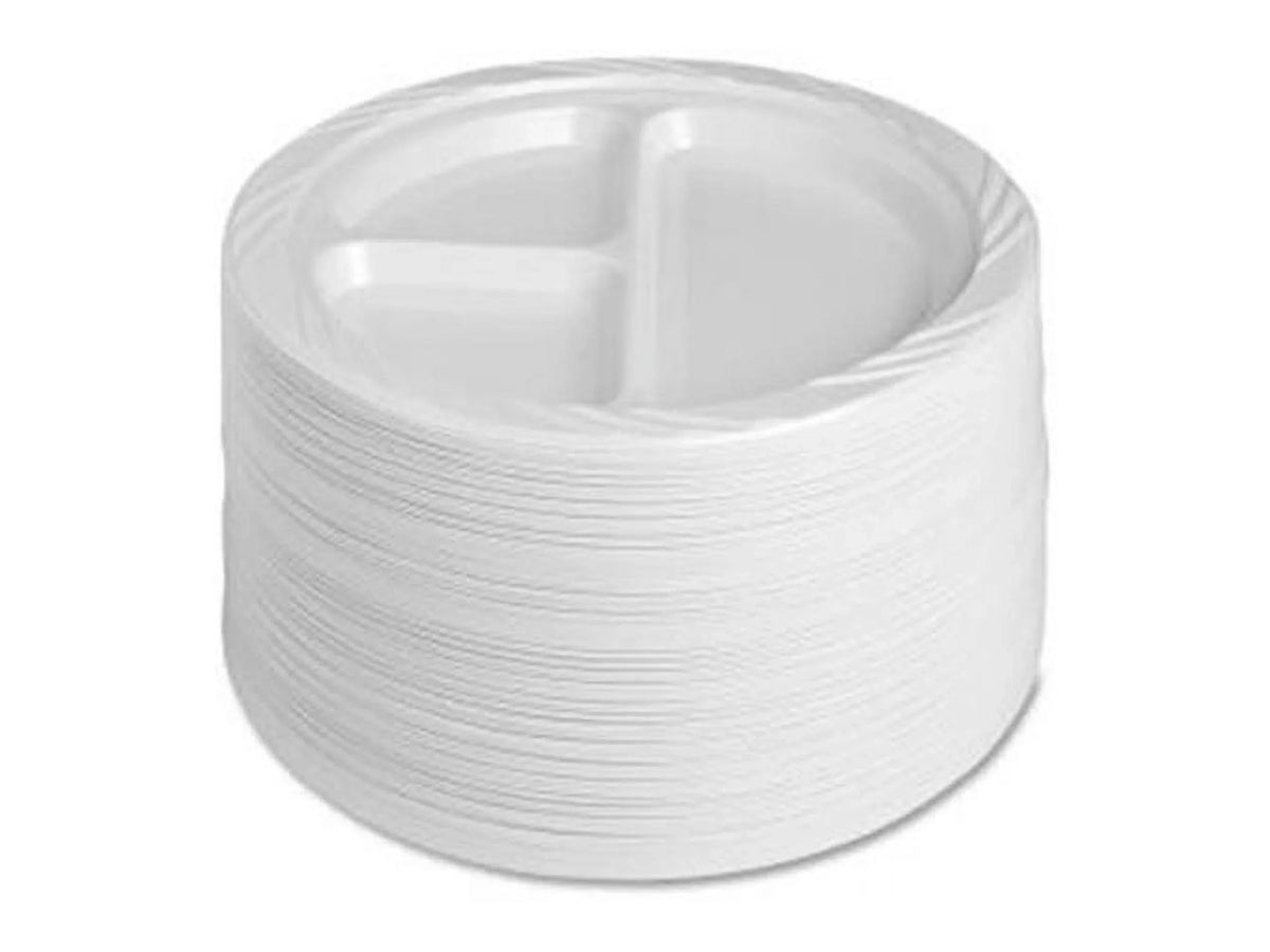 Genuine Joe 3-section Round Plastic Plates, 9", 125 Pack, GJO10425