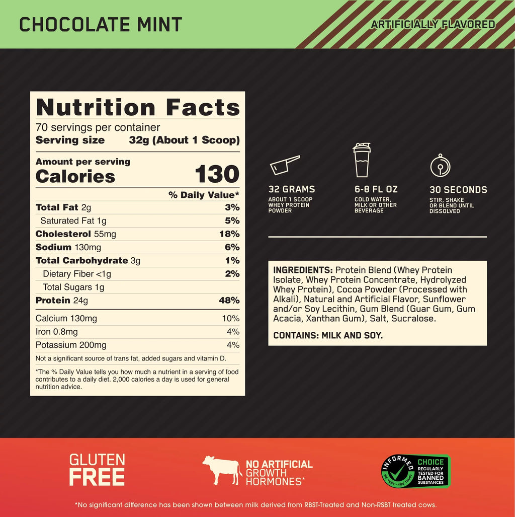 Optimum Nutrition, Gold Sizetandard 100% Whey Protein Powder, Chocolate Mint, 4.94 lb, 70 Sizeervings
