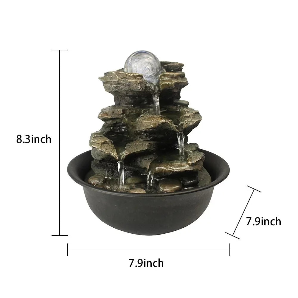 CoSizeoTower 8.3inches Rock Cascading Tabletop Water Fountain with LED Lights & Crystal Ball for Home Office Bedroom Relaxation