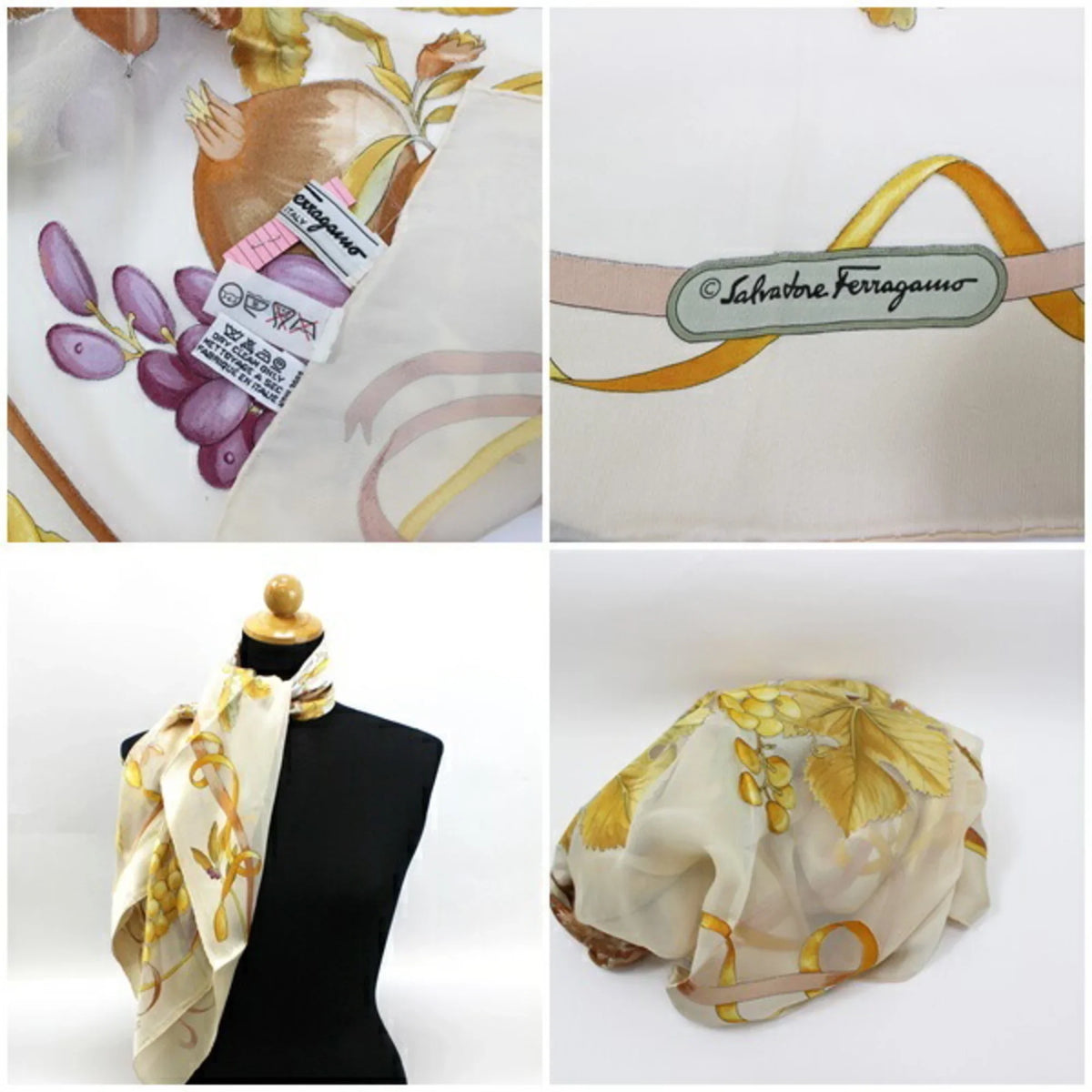 Pre-Owned Sizealvatore Ferragamo Viscose x Sizeilk Sizecarf Muffler Fruit Pattern Cream Women's (Good)